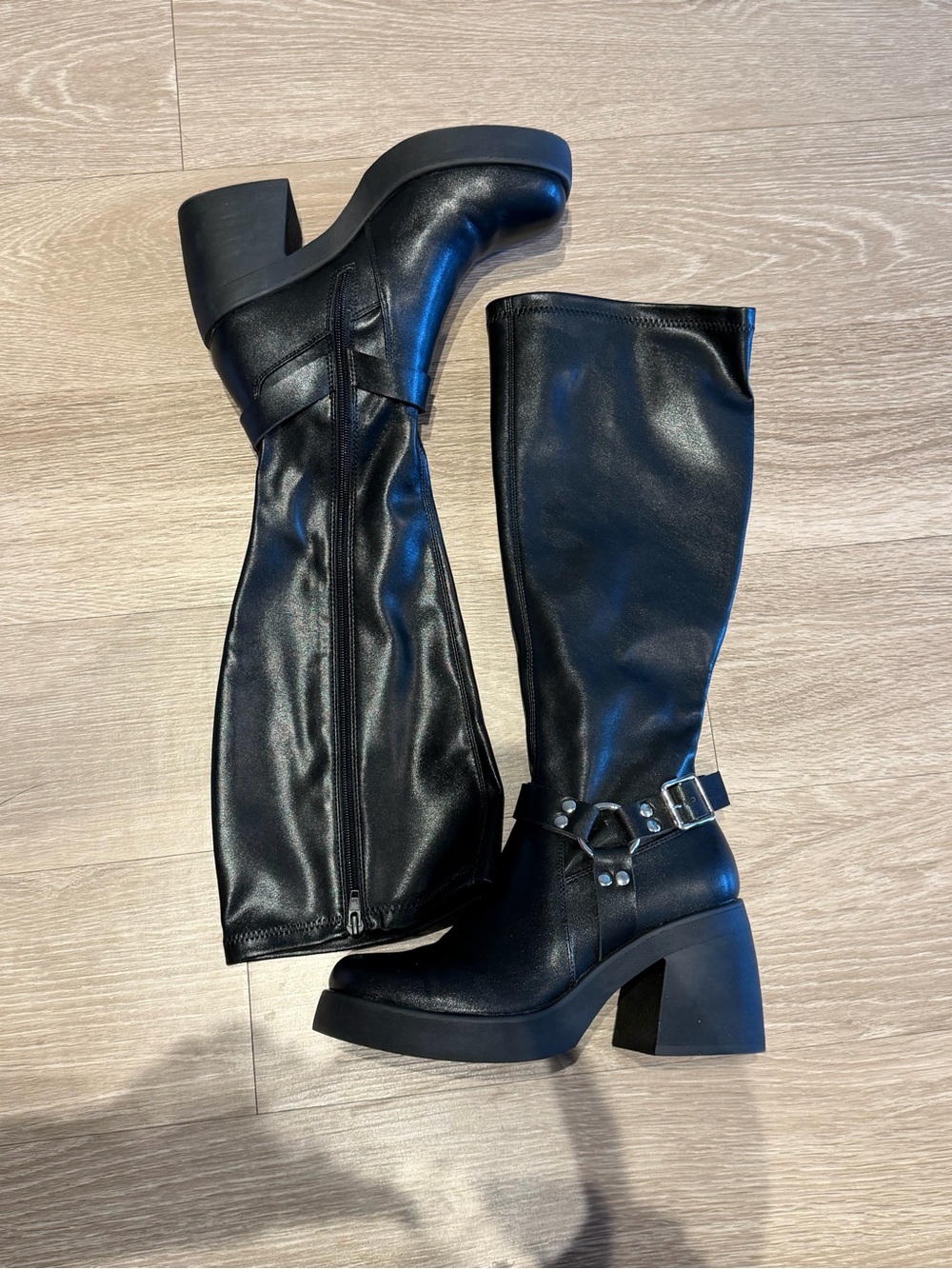 Black Knee-High Block Heel Harness Boots